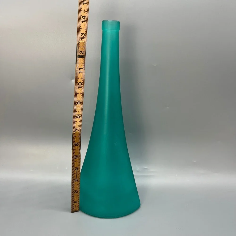 Vtg Teal Frosted Glass Pyramid Bottle Vase 75cl Triangular Curved Mid Century